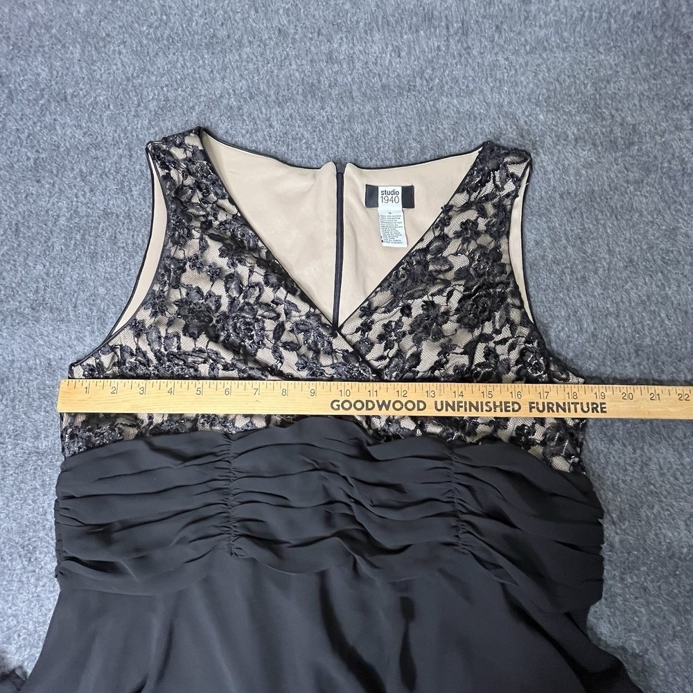 Studio 1940 Midi Dress Womens 16 Black Lace Beaded Ruched Cocktail Evening Party - Picture 10 of 12